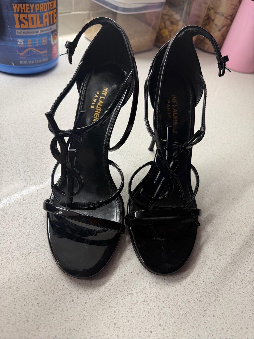 Saint Laurent Black Patent YSL Logo Strappy Heels